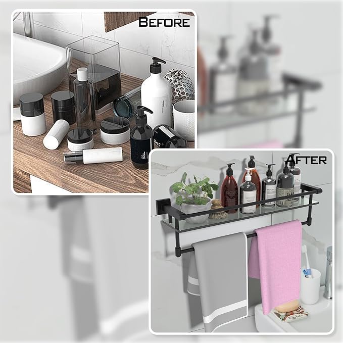 Glass Shelves for Bathroom with Towel Bar/Rack 24" Tempered Glass Shelves with Stainless Steel Towel Holder for Wall Shelf Sink Over Toilet (Matte Black)