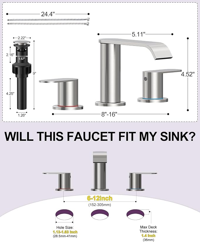 2 Pack Brushed Nickel Waterfall Bathroom Faucet for Sink 3 Hole Widespread | Bathroom Sink Faucets with Pop-up Drain and Supply Lines Stainless Steel 2-Handle Bathroom Sink Faucet by Homevacious
