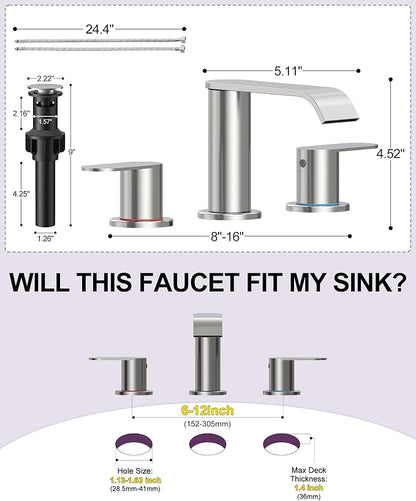 2 Pack Brushed Nickel Waterfall Bathroom Faucet for Sink 3 Hole Widespread | Bathroom Sink Faucets with Pop-up Drain and Supply Lines Stainless Steel 2-Handle Bathroom Sink Faucet by Homevacious
