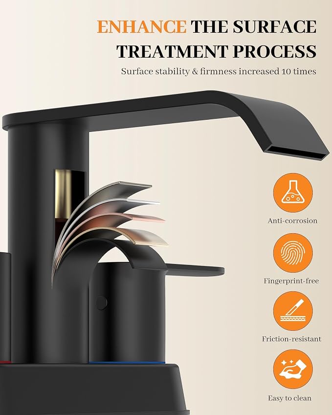 Matte Black Bathroom Faucet Waterfall 4 Inch Centerset Bathroom Sink Faucet | Stainless Steel with Pop up Sink Drain Stopper Supply Hose Basin Mixer Tap for Vanity RV 2 or 3 Hole Sink by Homevacious