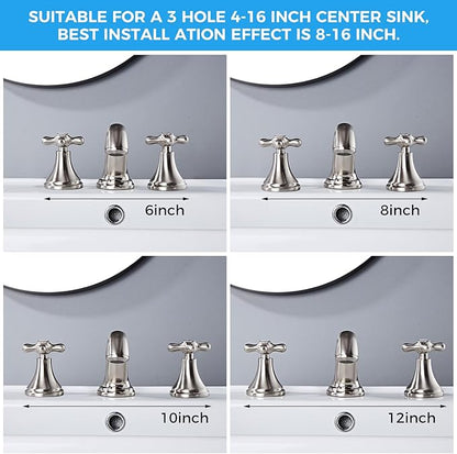 Vintage Widespread Bathroom Faucet, Brushed Nickel 3-Hole Sink Faucet with Drain Assembly, Solid Brass, Drip-Free Ceramic Cartridge, Adjustable 8-16 Inch Installation