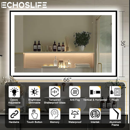 EchosLife 66x36 LED Lit Bathroom Mirror - Black Framed | Black Frame, Front and Backlit, Anti-Fog, Stepless Dimmable, 3 Colors, Memory, Tempered Glass, UL Listed, Horizontal/Vertical
