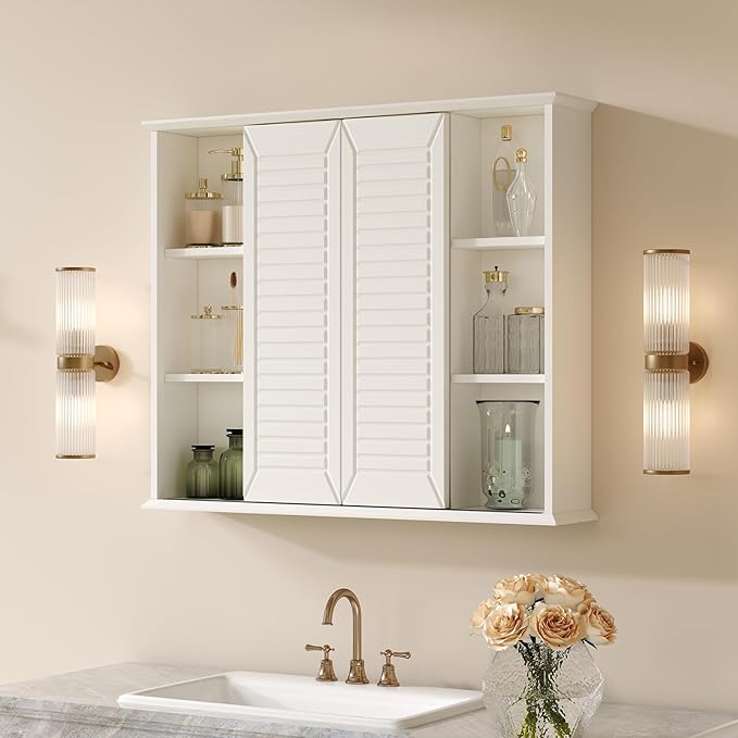 Bathroom Medicine Cabinet Mirror 28.3 x 23.8 inch Bathroom Mirror with Storage Wall Mounted Medicine Mirror Cabinet Wood Organizer with 2 Door Surface Mount Farmhouse Storage Cabinet