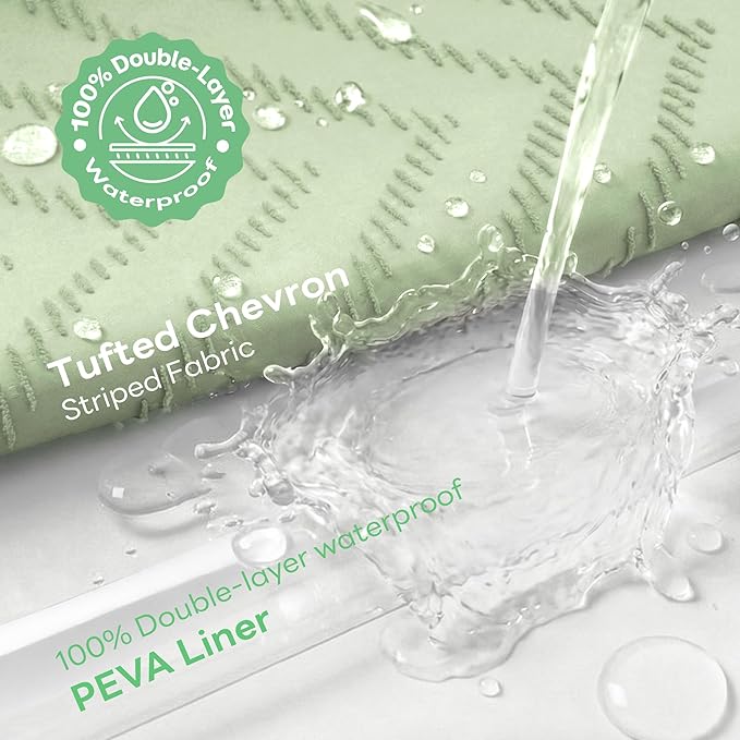 Dynamene Stall Shower Curtain and Liner Set - 54 inch Wide Boho Shower Curtain and Waterproof Clear Liner, Tufted Chevron Striped Tassel Shower Curtains for Bathroom, 10 Hooks, 54x72, Sage Green