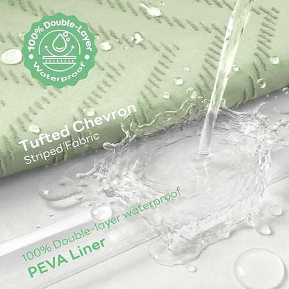 Dynamene Extra Long Shower Curtain and Liner Set - 84 inch Tall Boho Shower Curtain and Waterproof Clear Liner, Tufted Chevron Striped Tassel Shower Curtains for Bathroom, 12 Hooks, 72x84, Sage Green
