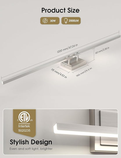VOLISUN Modern Bathroom Vanity Light 48 inch, Rotatable, 30W Dimmable 5CCT Led Bathroom Light Fixture Over Mirror, Brushed Nickel Bar Vanity Light for Bathroom Mirror Cabinets-ETL Certificated