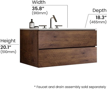 36" Bathroom Vanity with Sink, Modern Floating Vanity with Double Soft Closing Drawers, Large Storage for Small Space, Walnut, Fully Assembled - Iris Collection