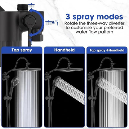 12" Filtered Shower Head with Handheld Rain Shower Head with Filters | Shower Filter Head for Hard Water,High Pressure,Dual Rainfall Shower Heads with Adjustable Extension Arm & Slide Bar,Black