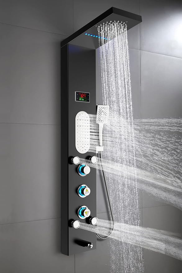 ELLO&ALLO LED Shower Panel Tower System, Rainfall and Mist Shower Head Rain Massage with Body Jets, Brushed Black