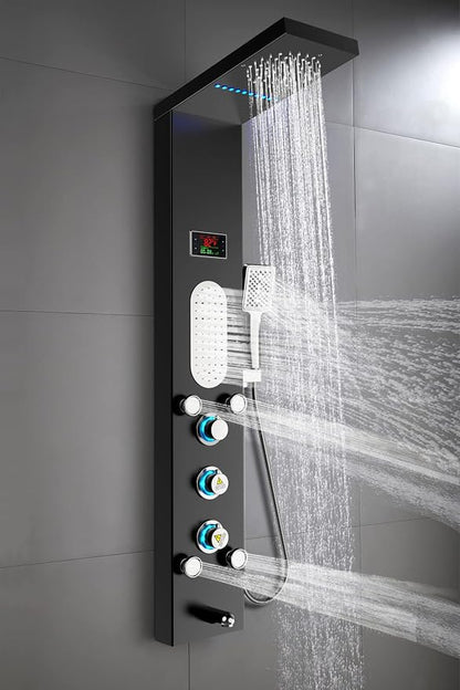ELLO&ALLO LED Shower Panel Tower System, Rainfall and Mist Shower Head Rain Massage with Body Jets, Brushed Black
