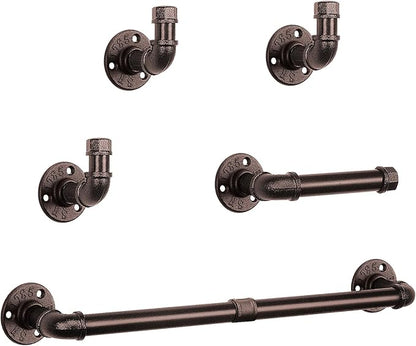 NearMoon 5-Pieces Industrial Pipe Bathroom Hardware Set, Include 18 Inch Towel Bar, Toilet Paper Holder and 3 Robe Hooks, Heavy Duty DIY Style Wall Mounted Rustic Decor Accessories Kit (Bronze)