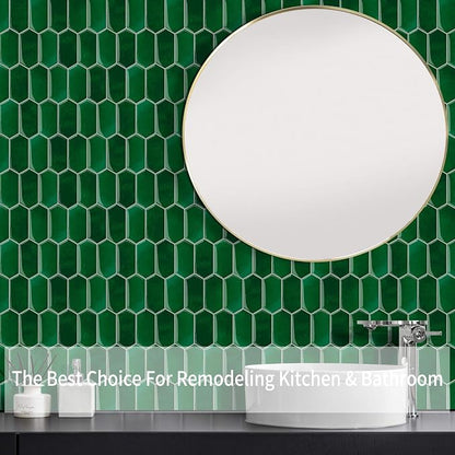 10-Sheet Long Hexagon Peel and Stick Kitchen Backsplash Tiles | 3D Waterproof Self-Adhesive Wall Tile Stick on Backsplash for Kitchen, Bathroom, Fireplace,RV(Emerald Green,12"×12")