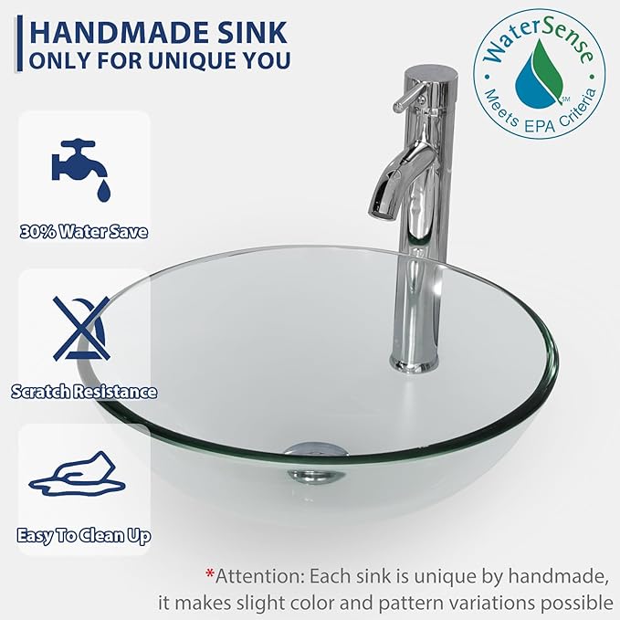 eclife 24" Floating Bathroom Vanities with Sink Combo, Wall Mounted Modern Cabinet W/Diamond Line Pattern Design, Clear Round Glass Vessel Sink W/Water Save Faucet & Pop Up Drain, Black