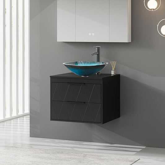 eclife 24" Floating Bathroom Vanities with Sink Combo, Wall Mounted Modern Cabinet W/Diamond Line Pattern Design, Turquoise Square Glass Vessel Sink W/Water Save Faucet & Pop Up Drain, Black