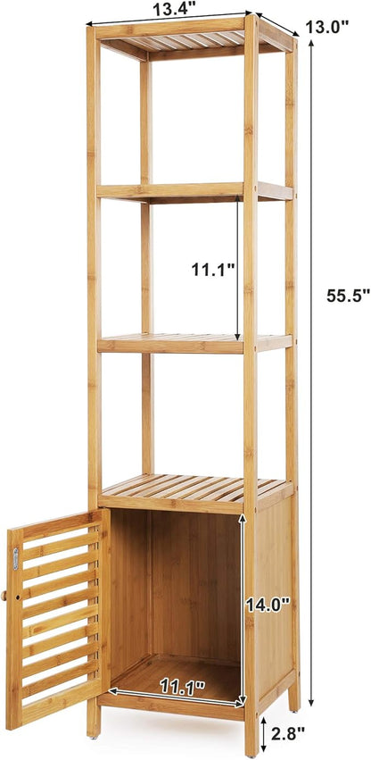 SONGMICS Bamboo Bathroom Storage Floor Cabinet, 4 Tiers Multifunctional Floor Shelving Unit, Free Standing Tower Corner Rack, Natural UBCB50Y