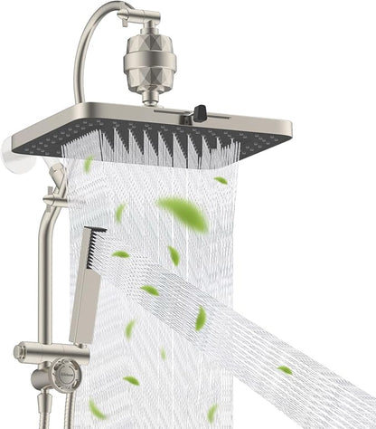 Hibbent 5-spray Filtered Shower Head, 4-Spray Shower Wand, Brushed Nickel | cUPC Certified High Pressure Rainfall Showerhead Combo, All Metal 4-way Diverter Extension Arm & Handheld Spray, 71'' Hose