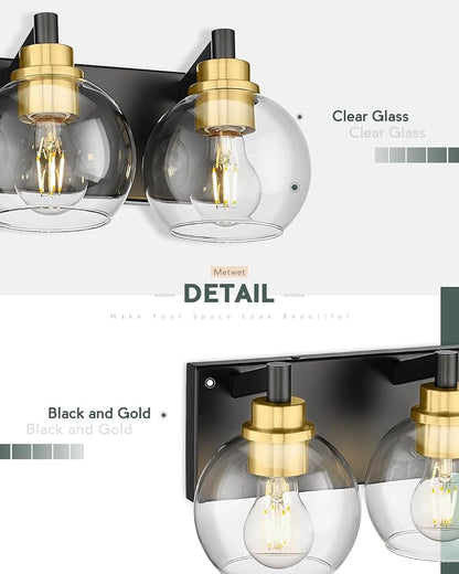 4-Light Black and Gold Bathroom Vanity Light, Clear Glass Globes | 26" modern bathroom light fixtures over mirror, E26 base, bulbs not included, VL195-KG-4