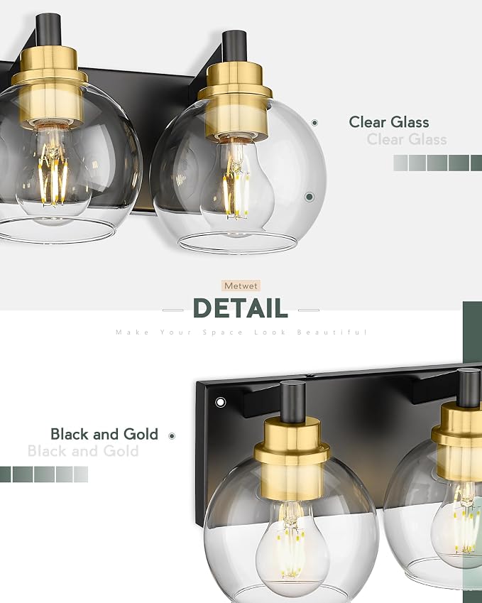 5-Light Black and Gold Bathroom Vanity Light, Clear Glass Globes | Ideal for 36-48" mirrors, 32" modern bathroom light fixtures over mirror, E26 base, bulbs not included, VL195-KG-5