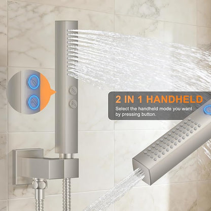 Brushed Nickel Shower System with Tub Spout, Ceiling Mounted Bathtub Shower Faucet Set, 12" Rainfall Shower Head and Handheld Shower Combo, High Pressure Shower Fixtures Set with Rough-in Valve