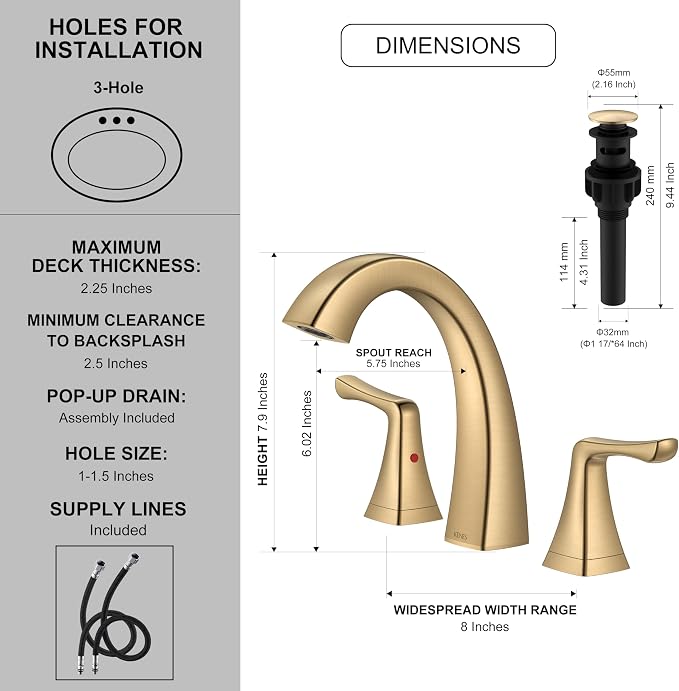 Champagne Bronze Bathroom Faucet 3 Hole, Widespread Bathroom Faucet | Bathroom Vanity Faucet with Pop Up Drain & Supply Lines, Lead-Free cUPC & NSF Certified, 8 Inch Faucet for Vanity RV Sink