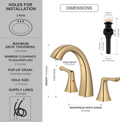 Champagne Bronze Bathroom Faucet 3 Hole, Widespread Bathroom Faucet | Bathroom Vanity Faucet with Pop Up Drain & Supply Lines, Lead-Free cUPC & NSF Certified, 8 Inch Faucet for Vanity RV Sink