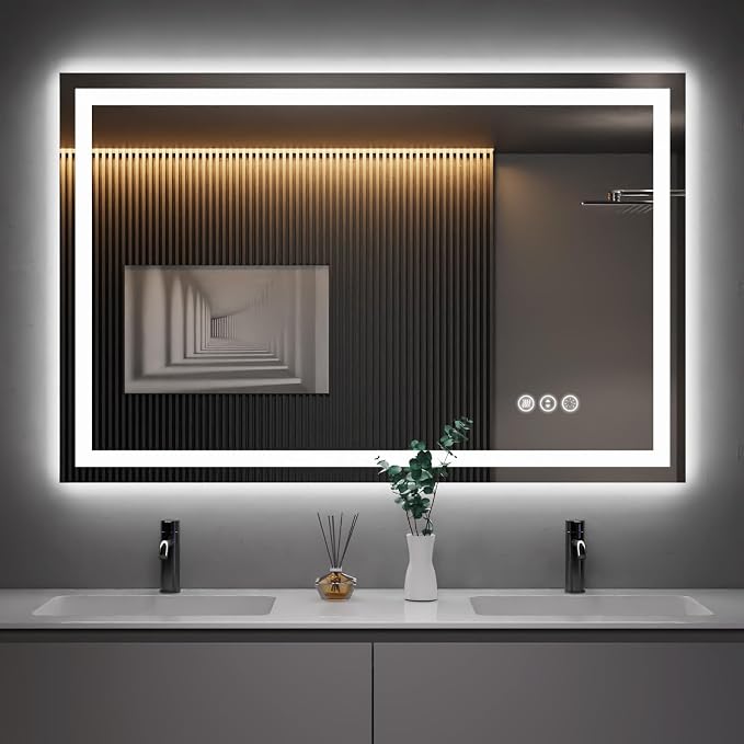 50"X36" LED Bathroom Mirror, Front and Backlight | Stepless Dimmable, Anti-Fog, Shatter-Proof, HD Reflection, Memory, 3 Colors Lighting, UL Listed (Horizontal/Vertical).