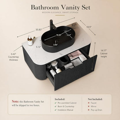 36 Inch Bathroom Vanity with Sink, Floating Wall Mounted Single Sink Vanity, Black Curved Fluted Front, Stone Top, Black Textured Oval Vessel Basin, Pre-Assembled