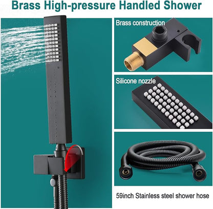 HOMEDEC LED Multi Functions Full Body Shower System with 6pcs Body Jets Spray with（Up/Down ）Shower Spout, Large 3 In 1 Functions 14x20inch Showerhead, Rainfall Mist Shower Faucet Set Complete, Black