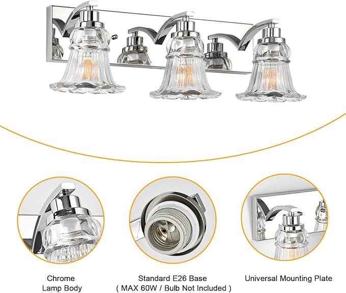 Vintage 3-Light Bathroom Vanity Light, Chrome Bathroom Light Fixtures with Floral Clear Glass Shades, Antique Wall Sconce Fixtures for Dressing Table, Bedroom