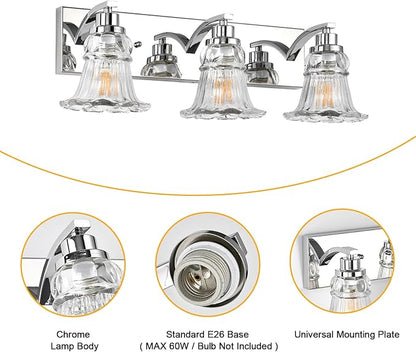 Vintage 3-Light Bathroom Vanity Light, Chrome Bathroom Light Fixtures with Floral Clear Glass Shades, Antique Wall Sconce Fixtures for Dressing Table, Bedroom