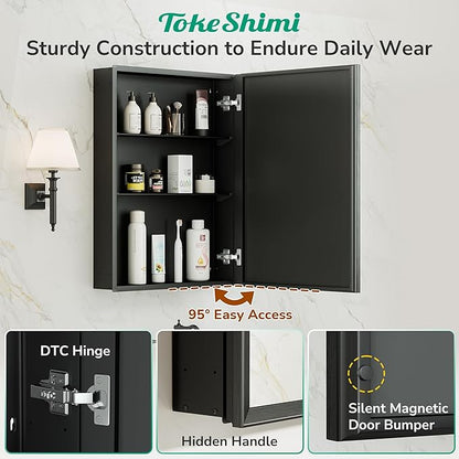 TokeShimi 40 x 32 Black Recessed Medicine Cabinet with Mirror, Assembly Required, Bathroom Mirror Cabinet, Steplessly Adjustable Shelves, Beveled Aluminum Frame, Tempered Glass