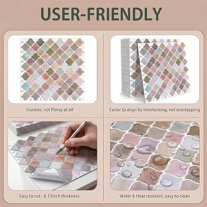 Arttown Peel and Stick 3D Wall Backsplash, 10-Sheet, 12" × 12" Moroccan | Subway Tiles Self Adhesive Thicker Design Wall Tile Panel Wallpaper for Kitchen Balcony Bathroom Rental Housing