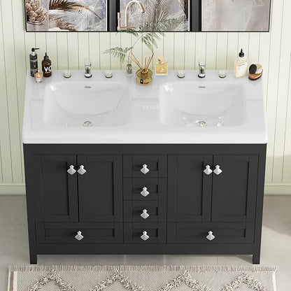 48" Bathroom Vanities with Sink Combo, Modern Double Bathroom Vanity with 4 Doors & 5 Drawers, Freestanding White Bathroom Cabinet with Double Ceramic Sink, Black
