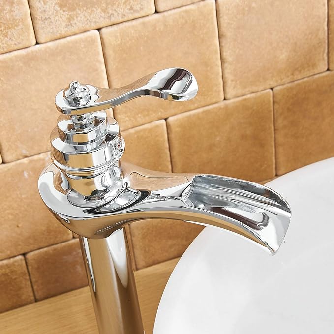BWE Chrome Vessel Sink Faucet Waterfall with Pop Up Drain Assembly and Supply Hose Single-Handle Single Hole Bathroom Faucet Lavatory Mixer Tap Tall Body