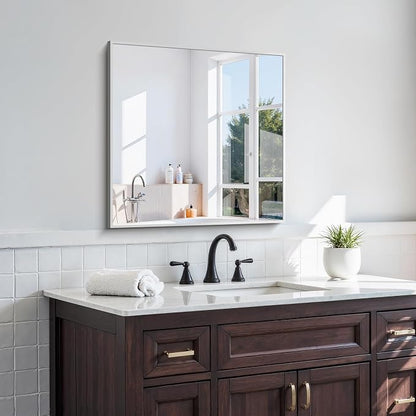 KOCUUY Silver Framed Mirror, 24"x24" Square Bathroom Mirror for Wall, HD Tempered Glass, Anti-Rust Frame, Modern Design for Bathroom, Bedroom, Living Room, Entryway