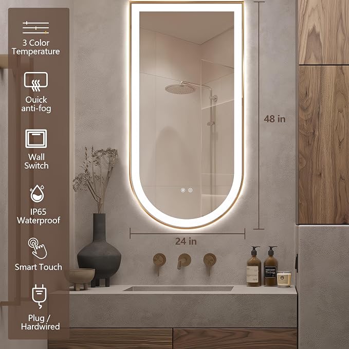Arched LED Bathroom Mirror, 48"x24" Arch Backlit Vanity Mirror with Lights, Frontlit, Dimmable, 3 Colors, Memory Function, Anti-Fog Smart Mirror, Gold Frame, Shatterproof, Vertical-Inverted