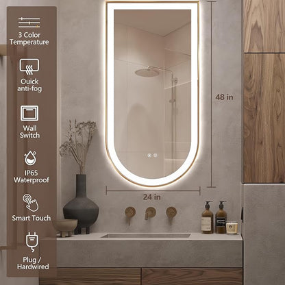 Arched LED Bathroom Mirror, 48"x24" Arch Backlit Vanity Mirror with Lights, Frontlit, Dimmable, 3 Colors, Memory Function, Anti-Fog Smart Mirror, Gold Frame, Shatterproof, Vertical-Inverted