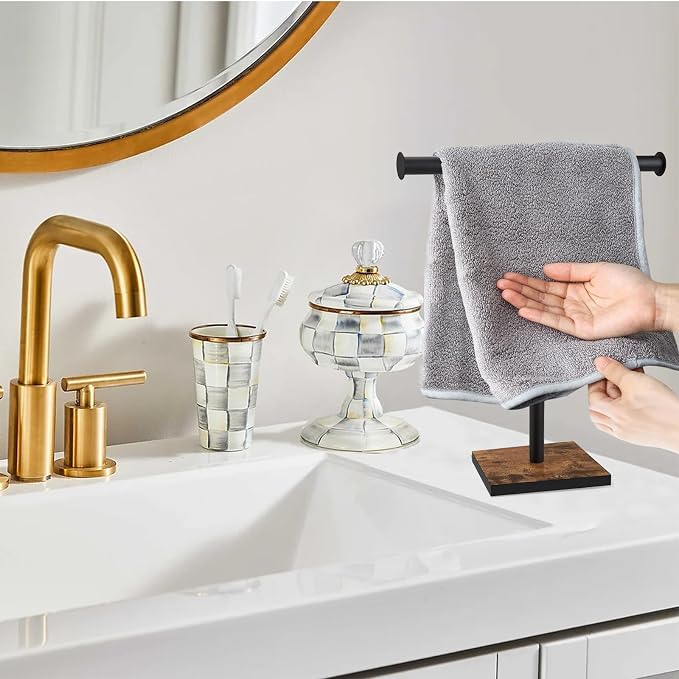 Countertop Hand Towel Holder, T-Shape Hand Towel Stand for Kitchen | Bathroom Hand Towel Rack with Weighted Base, Farmhouse Style, Free Standing, Rustic Black Brown