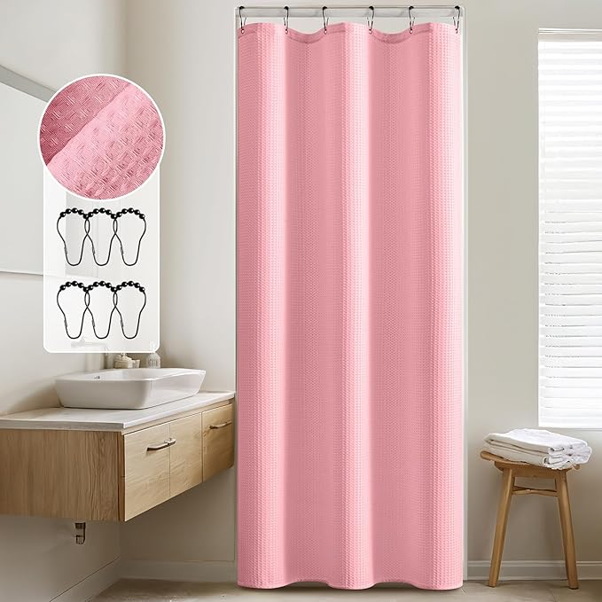 MIULEE Stall Waffle Weave Fabric Stand Up Shower Bath Curtain with 6 Metal Hooks Small Heavy Duty Washable Waterproof Narrow Thick Cloth Half Shower Curtains Set for Bathroom Hotel,W36*L72,Blush Pink