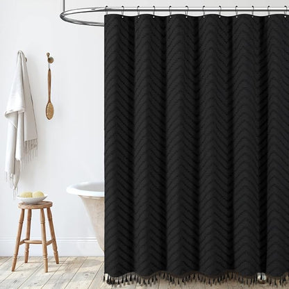 Boho Farmhouse Fabric Shower Curtain Tufted Chevron 72"x66" Black | Elegant Tassel, Soft Lightweight Textured Cloth, Water Repellent, Washable, Hotel Spa, for Bathroom/Dorm/Apartment 12 Hooks