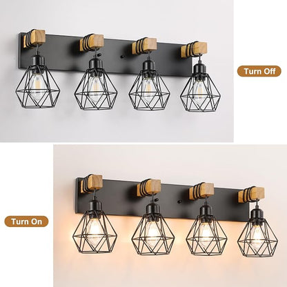 maesta 4 Light Bathroom Vanity Light, Farmhouse Black Fixture Over Mirror | Farmhouse Bathroom Light Fixtures, Wood & Metal, Anti-Rust Easy to Install for Rustic Bathroom Hallway