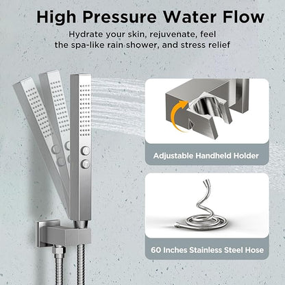 Rainfall Shower System with 4 Body Spray Jets, STARBATH 4 Way 12 + 6"Rainfall Shower Head with Handheld Combo, Shower Jets System High Pressure Shower Faucet Set, Brushed Nickel