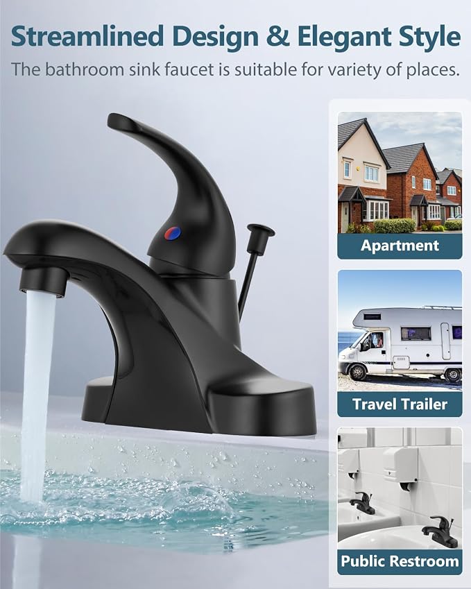 4-Inch Centerset Bathroom Sink Faucet with Drain, Matte Black | Single-Handle Vanity Faucet with Lift Rod Drain, 24-Inch Supply Lines, 1.2 GPM, 3-Hole Deck Mount, Easy Installation