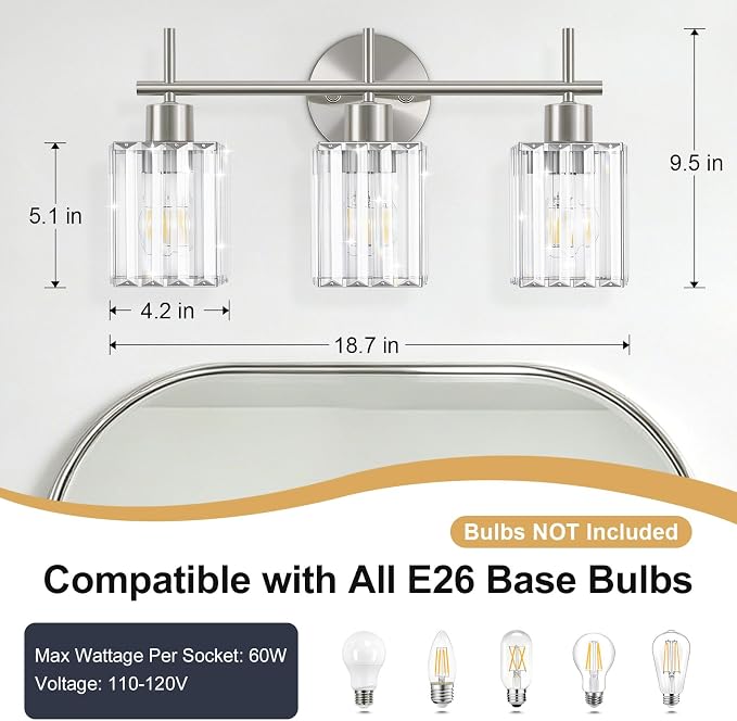 Brushed Nickel Bathroom Light Fixtures, Square, 3-Light | Vanity Lights with Crystal Shades, Modern Bathroom Lighting Fixtures over Mirror (Bulbs Not Included, E26)