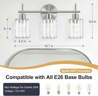 Brushed Nickel Bathroom Light Fixtures, Square, 3-Light | Vanity Lights with Crystal Shades, Modern Bathroom Lighting Fixtures over Mirror (Bulbs Not Included, E26)