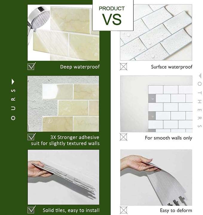 STICKGOO 10-Sheet Subway Tile Peel and Stick Backsplash, Self Adhesive Vinyl Wall Tiles, Stick on Backsplash for Kitchen and Bathroom(Thicker Design)