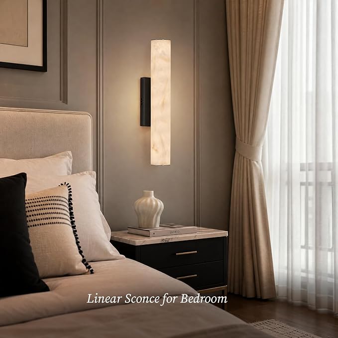 Alabaster Wall Sconce, 20" Matte Black Linear Wall Sconces, 3000K Dimmable Artisan-Cast Alabaster Sconce for Living Room, Modern Wall Lighting for Bathroom, Bedroom, Hallway, 1 Pack, Faux Alabaster