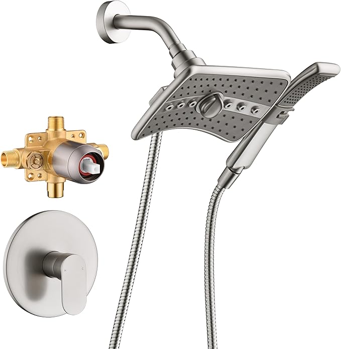 BRIGHT SHOWERS Dual Shower Head System with Handheld and Rainfall Shower, Shower Faucet Set with Valve and Trim Kit, Includes 79-Inch Stainless Steel Hose, Brushed Nickel