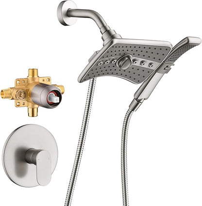 BRIGHT SHOWERS Dual Shower Head System with Handheld and Rainfall Shower, Shower Faucet Set with Valve and Trim Kit, Includes 79-Inch Stainless Steel Hose, Brushed Nickel