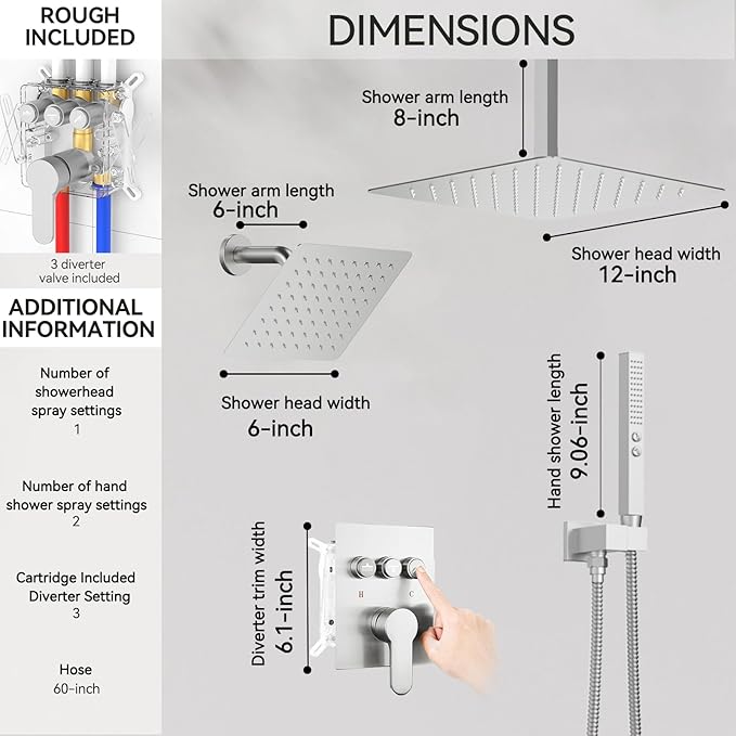 Shower Systems with Rain Shower and Handheld,STARBATH Dual Head 12+6" Rainfall Shower Can Run All Together, Ceiling Mount Shower Faucet Set with Pressure Balance Valve and Trim Kit, Brushed Nickel